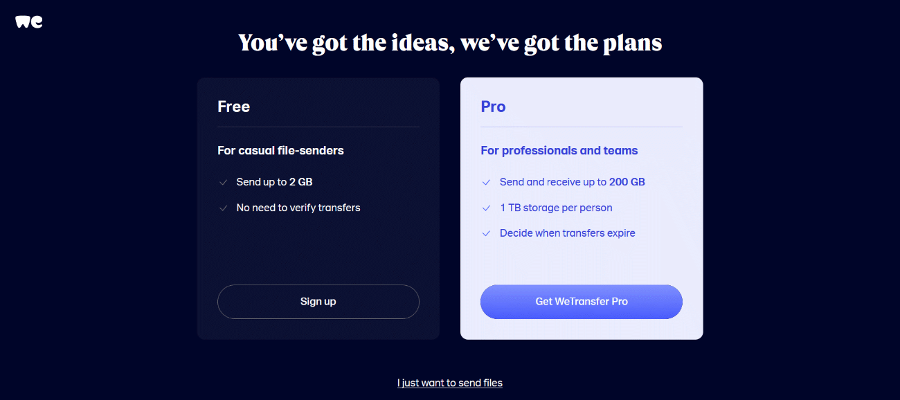 The first screen in the WeTransfer process