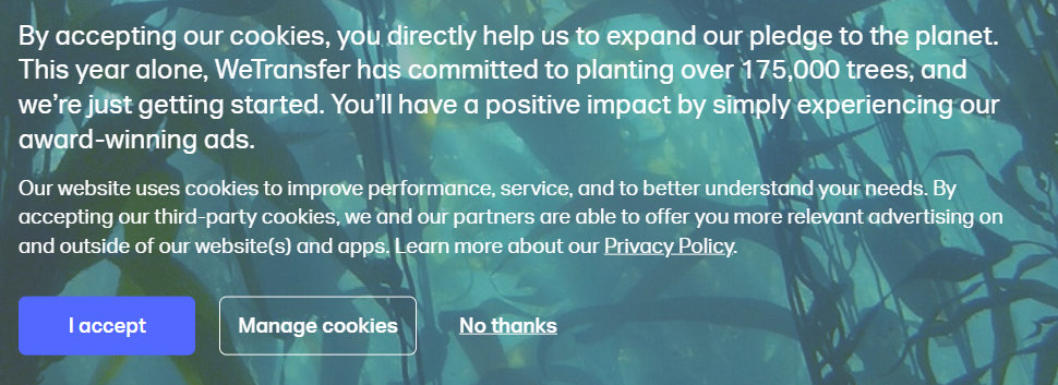 WeTransfer cookie notice