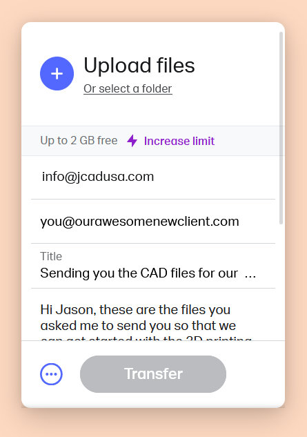 Upload screen for WeTransfer